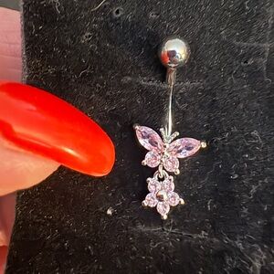 Belly Button Ring-Stainless Steel  butterfly Pink Zirconia  Belly Button Ring